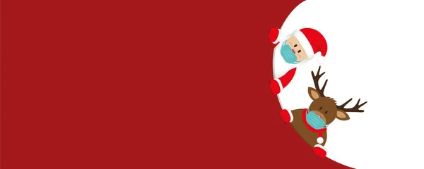 Red christmas banner with cute santa claus and deer with face mask — Stock Vector