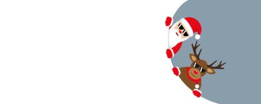 Sevimli Noel Baba 'lı kırmızı Noel bayrağı ve güneş gözlüklü geyik