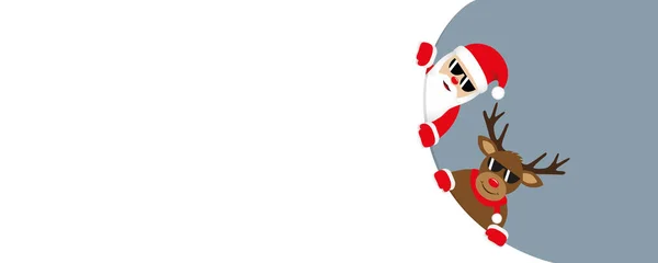 Banner natalizio rosso con simpatico Babbo Natale e cervo con occhiali da sole — Vettoriale Stock