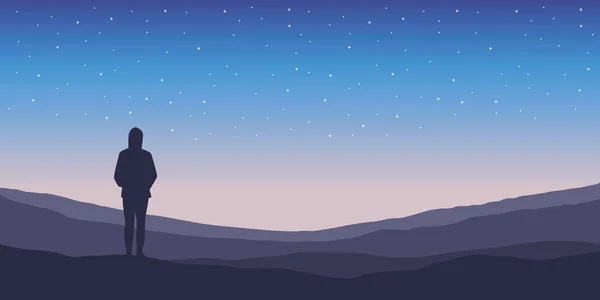 Osamělá dívka silueta v noci na hvězdné obloze pozadí — Stockový vektor