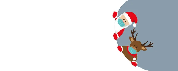 Banner de Natal vermelho com bonito Papai Noel e veado com máscara facial — Vetor de Stock