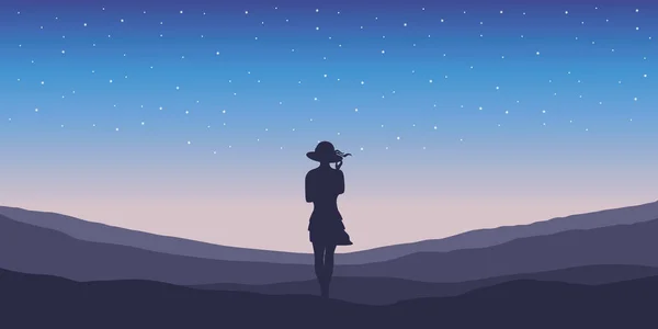 Bella ragazza con la silhouette cappello estivo su sfondo cielo stellato — Vettoriale Stock