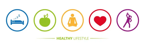 Sağlıklı yaşam ikonları elma yogası kalp sporunda uyur — Stok Vektör