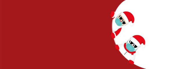 Bannière de Noël rouge avec mignon Père Noël claus et bonhomme de neige avec lunettes de soleil et masque facial — Image vectorielle