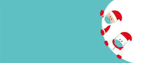 Banner de Natal vermelho com bonito Papai Noel e boneco de neve com máscara facial — Vetor de Stock