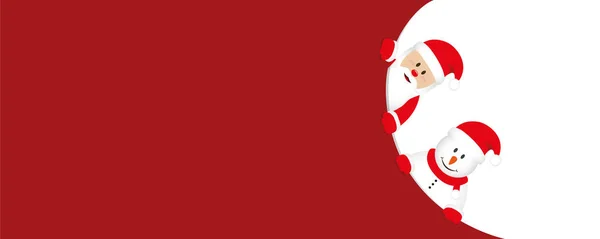 Rotes Weihnachtsbanner mit niedlichem Weihnachtsmann und Schneemann — Stockvektor