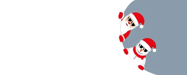Czerwony sztandar świąteczny z uroczym Mikołajem i bałwanem w okularach przeciwsłonecznych — Wektor stockowy