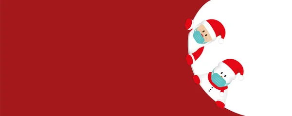 Banner de Natal vermelho com bonito Papai Noel e boneco de neve com máscara facial —  Vetores de Stock