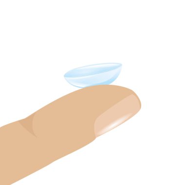 Beyaz üzerine izole edilmiş parmak üzerindeki kontak lens