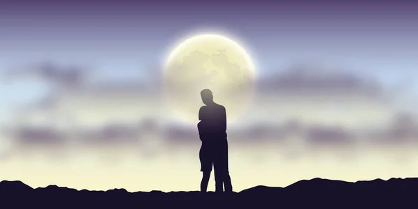 Romantica notte amorevole coppia sulla luna piena cielo paesaggio — Vettoriale Stock