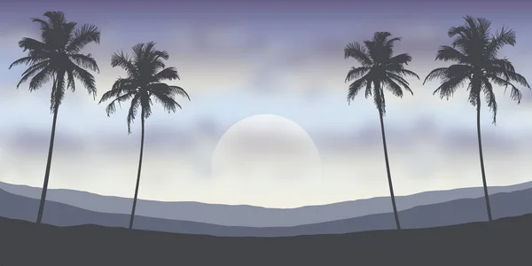 Paysage nocturne tropical avec palmiers et montagnes — Image vectorielle