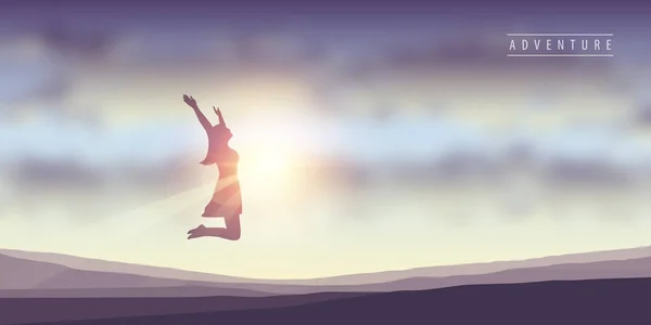 Chica feliz con los brazos levantados salta al sol — Vector de stock