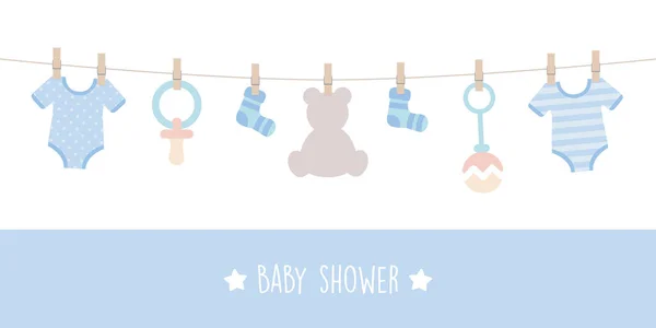 Baby douche welkom wenskaart voor de bevalling met opknoping gebruiksvoorwerpen — Stockvector