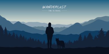 Orman manzarasında gezgin kız ve köpek