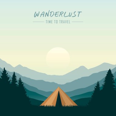 Dağ manzarasının ormanındaki vahşi çadır içinde gezinme tutkusu kamp macerası