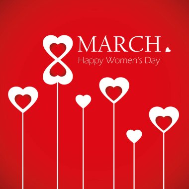 Kadınlar günü için kırmızı ve beyaz kalpler tebrik kartı.