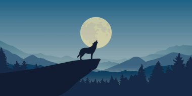 Kurt dolunayda uluyor mavi doğa manzarasında