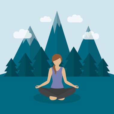 Kız yeşil dağ manzarasında yoga yapıyor.