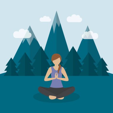 Kız yeşil dağ manzarasında yoga yapıyor.