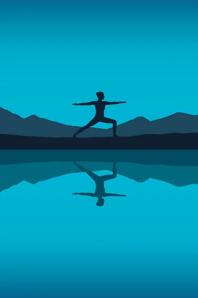 Chica hace yoga por el lago en azul noche paisaje — Archivo Imágenes Vectoriales