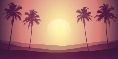 Tropikal gece manzarası Palmiye ağaçları ve dağlarla