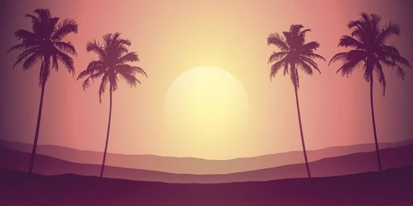 Paisagem noturna tropical com palmeiras e montanhas — Vetor de Stock