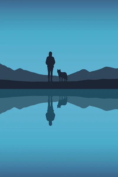 Dívka a pes u jezera v přírodě vektor — Stockový vektor