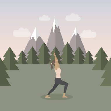 Kız yeşil dağ manzarasında yoga yapıyor.