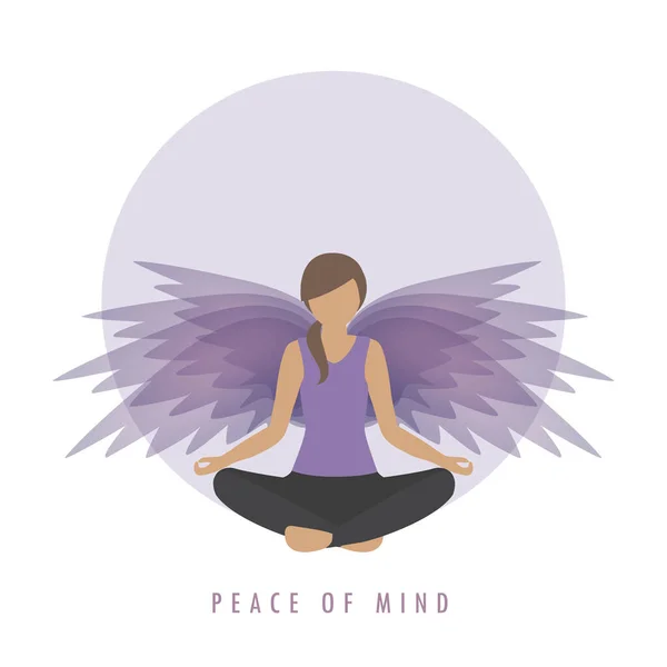 Paz de espírito menina em meditação posar com asas — Vetor de Stock