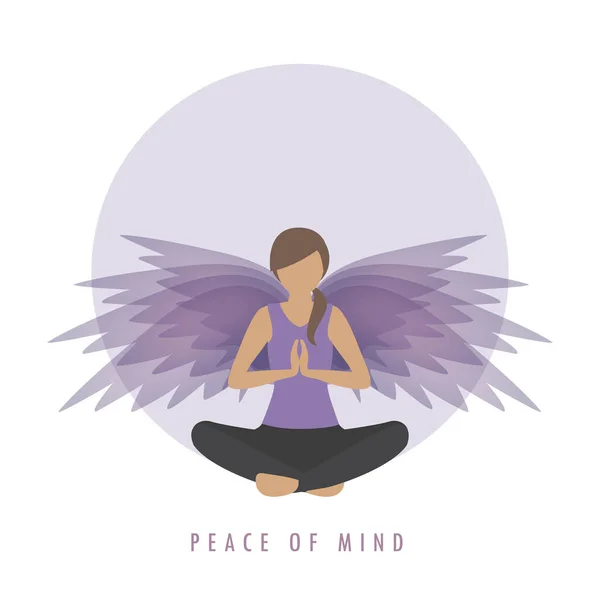 Paz de espírito menina em meditação posar com asas — Vetor de Stock