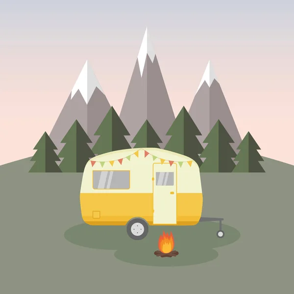 Wanderlust camping adventure in the wilderness with camper — Stock Vector