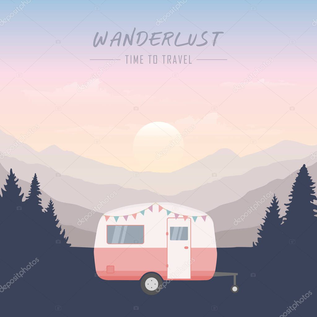wanderlust camping adventure in the wilderness camper in forest and mountain landscape