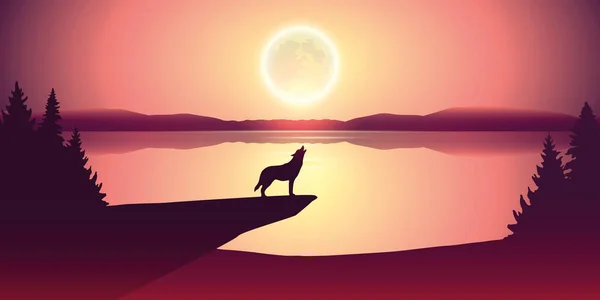 Вовк виття на повний місяць біля озера Природний пейзаж — стоковий вектор