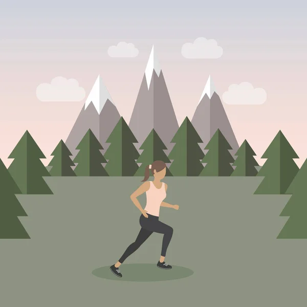 Τρέξιμο σπορ κορίτσι στο πράσινο τοπίο βουνό — Διανυσματικό Αρχείο