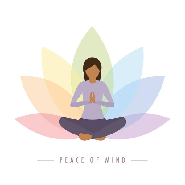 Yoga chica en colorido flor de loto fondo paz de la mente — Vector de stock