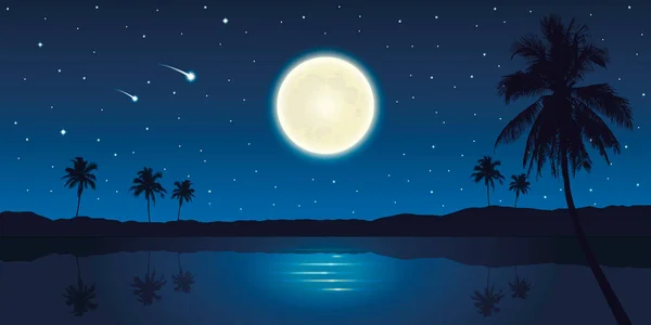 満月と秋の星のある熱帯の風景の美しい夜 — ストックベクタ