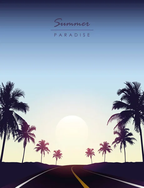 夏のパラダイスロードトリップ美しい夕日熱帯のヤシ — ストックベクタ