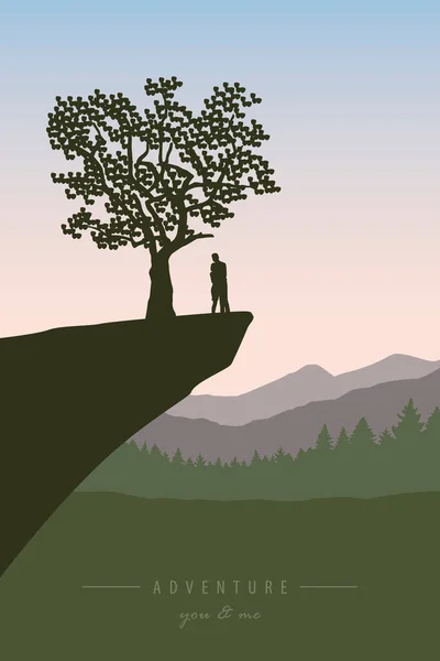 Couple in love on a cliff under a tree with mountain view — Stock Vector