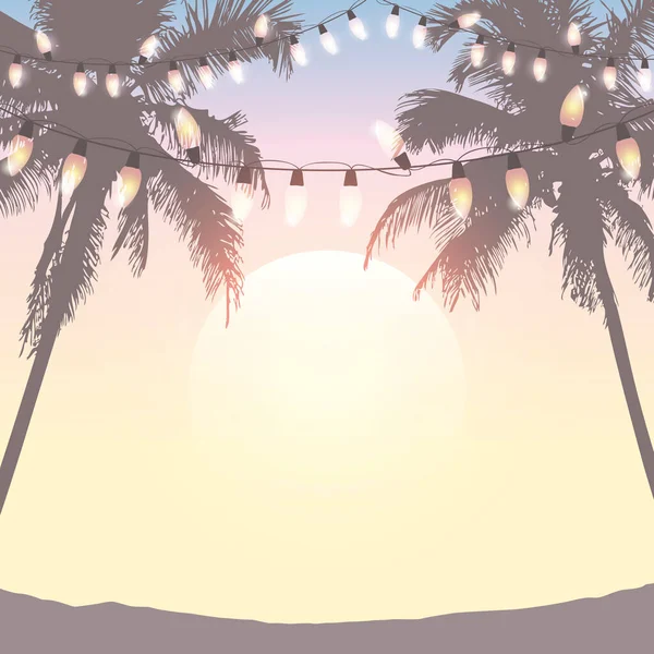 Vacanze estive design mare al tramonto con fata luce e palme — Vettoriale Stock
