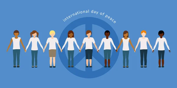 Anak-anak dari warna kulit yang berbeda saling berpegangan tangan pada hari perdamaian internasional - Stok Vektor