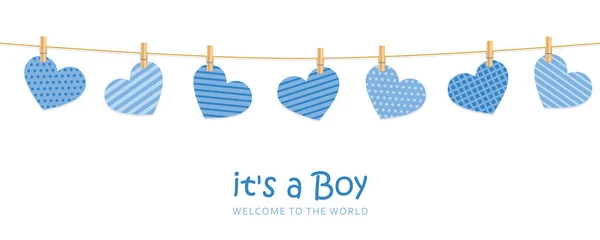 Es un niño bienvenida tarjeta de felicitación para el parto con corazones colgantes — Vector de stock