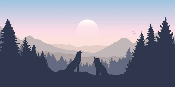 Wolfsrudel im Wald mit Berglandschaft — Stockvektor