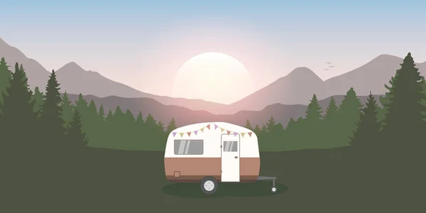 Wanderlust camping dobrodružství v divočině s karavanem — Stockový vektor