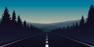 Geceleri ormanda ve dağlarda asfalt yol