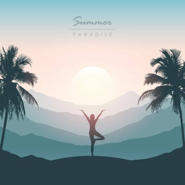 girl doing yoga for body and soul silhouette on tropical palm background clipart