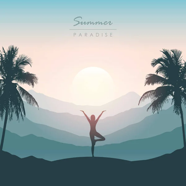 Meisje doet yoga voor lichaam en ziel silhouet op tropische palm achtergrond — Stockvector