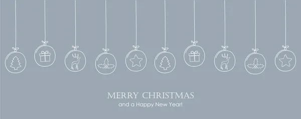 Weihnachtskarte mit Baumkugeln-Dekoration auf graublauem Hintergrund — Stockvektor