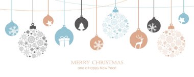 Mutlu noel kartları ve asılı top süslemeleri.