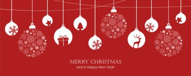 Mutlu noel kartları ve asılı top süslemeleri.