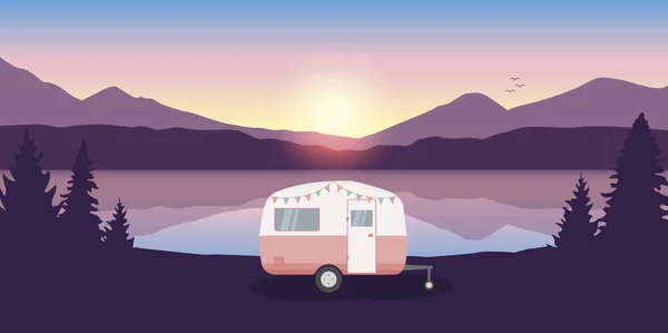 Campeggio avventura nella natura selvaggia con camper in riva al lago — Vettoriale Stock